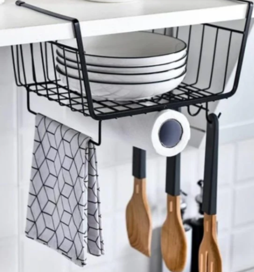 Heavy Duty 4-in-1 No-Drill Under-Shelf Metal Organizer for Kitchen: Holds Tissues, Plates, Cups & Towels.