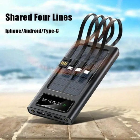 J-Cell 10000mAh Solar Power Bank – Fast Charging with 4 Built-in Cables