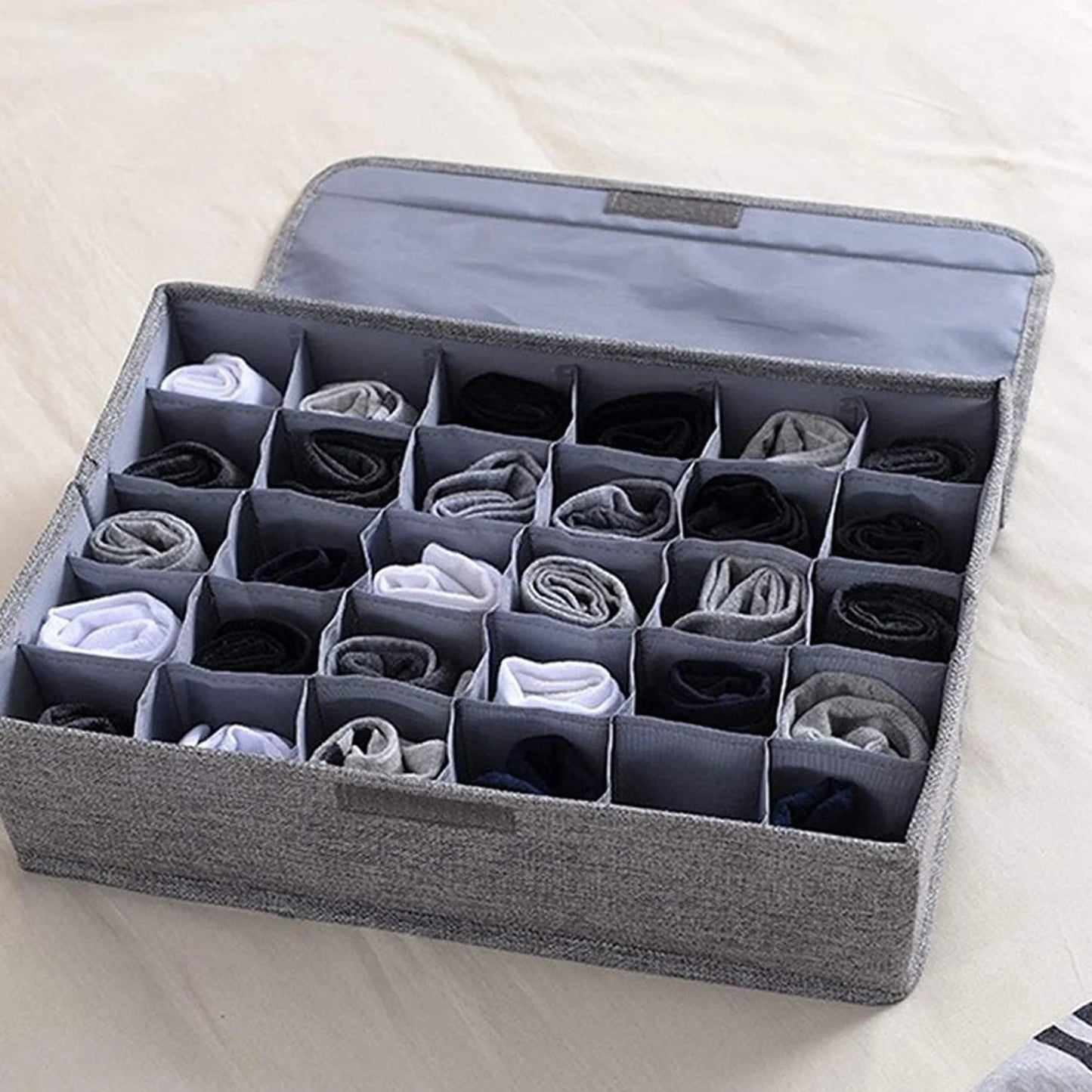 Foldable Fabric Drawer Organiser with Dividers for Clothes, Socks, Ties, and Makeup.